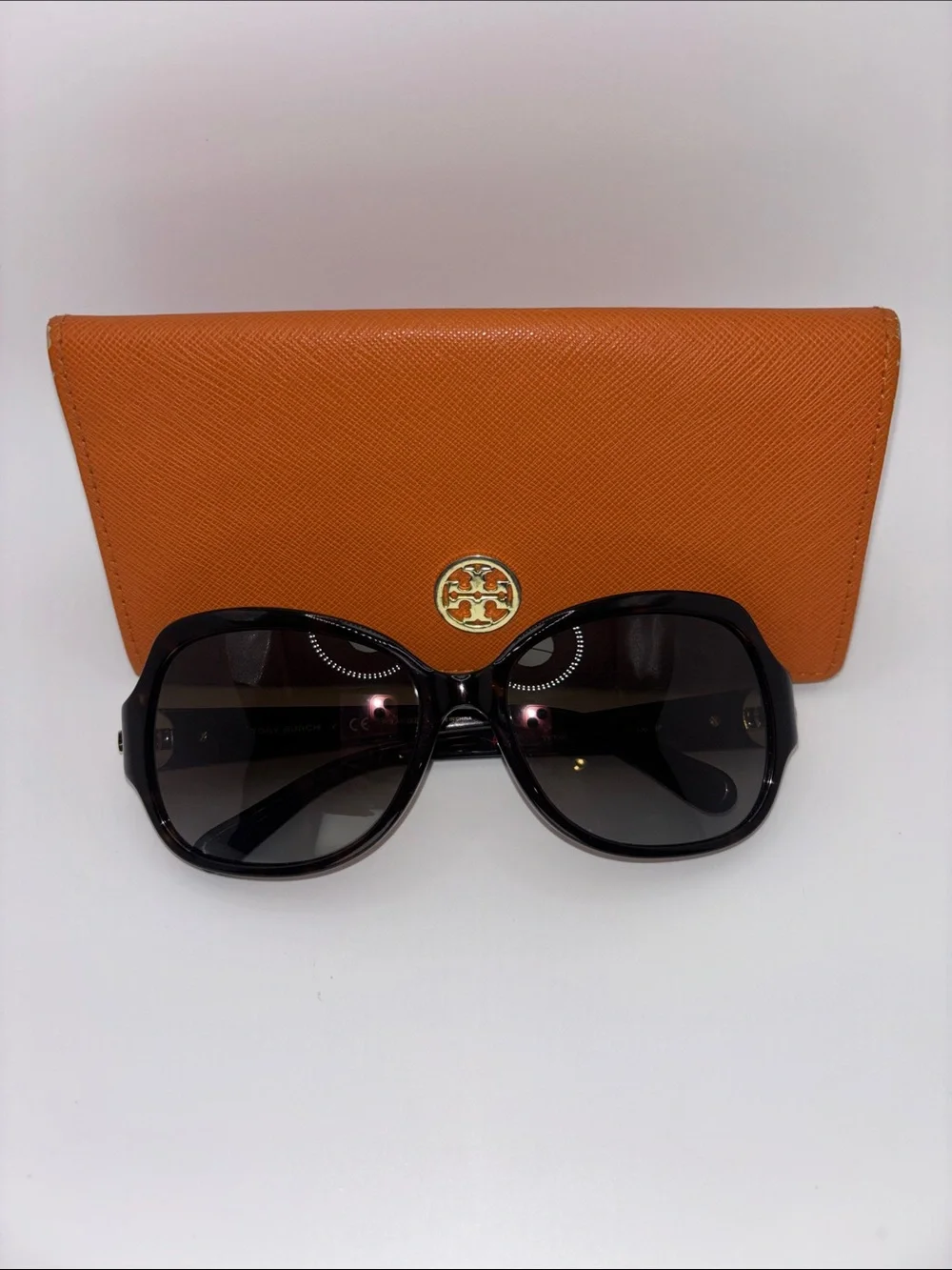 Tory Burch Black Oversized Tortoise Sunglasses with Orange Logo Case